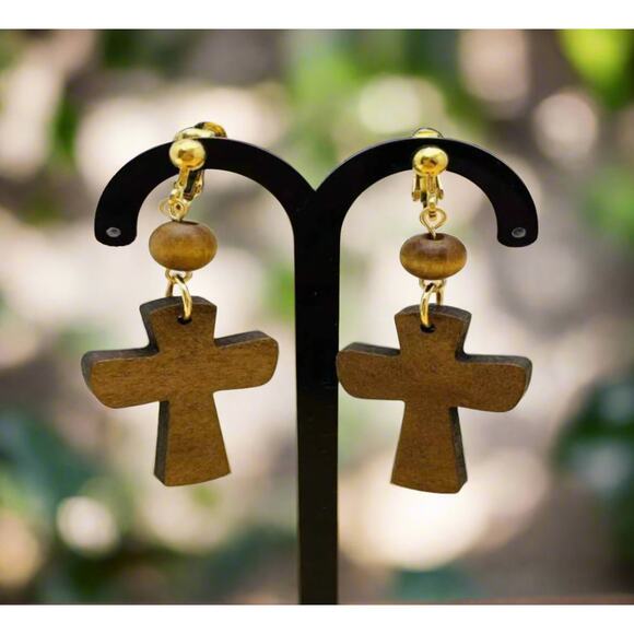 Clip on 2 1/2" gold and dangle brown wood cross earrings - Picture 1 of 4
